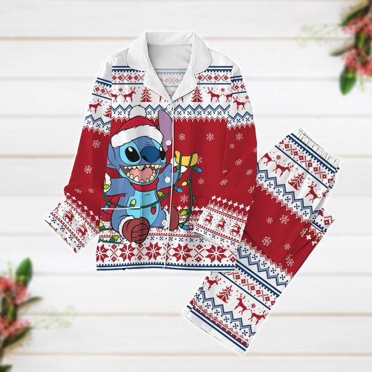 Stitch Santa Christmas Pajamas, Disney Xmas Pajamas, Christmas Lights Shirt, Reindeer Pajamas Set, Winter Holiday Gift