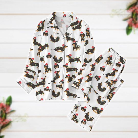 Christmas Pajamas, Dachshund Santa Hat Pajamas Set, Funny Dog Xmas Pajamas, Animal Matching Family Pajamas, Dog Owner Gift