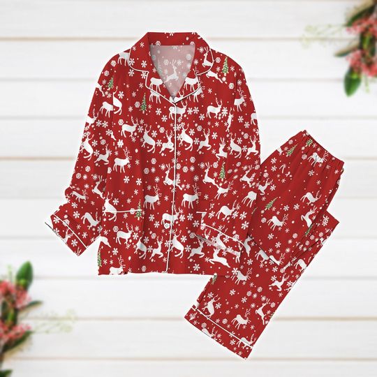 Christmas Pajamas, Reindeer Pajamas Set, Deer Xmas Pajamas, Animal Lover Holiday Pajamas, Winter Season Gift, Christmas  Vacation
