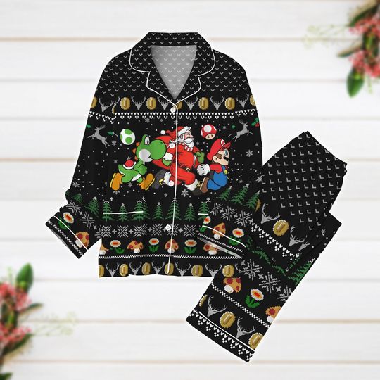 Christmas Pajamas, Super Mario Xmas Pajamas, Yoshi Mario Santa Holiday Pajamas, Video Game Pajamas Set, Funny Xmas Party Gift