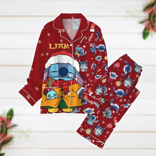 Christmas Name Pajamas, Stitch Santa Pajamas Set, Lilo And Stitch Xmas Pajamas, Disney Cartoon Holiday Pajamas, Christmas Vacation Gift