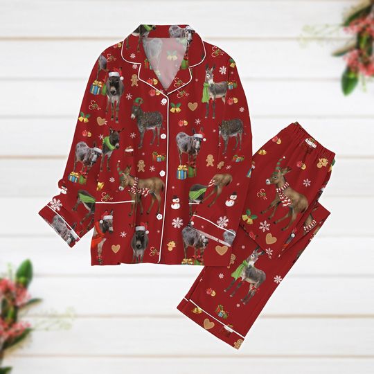 Christmas Pajamas, Donkey Santa Pajamas Set, Animal Lover Xmas Pajamas, Donkey Farm Women Pajamas, Gift For Farmer