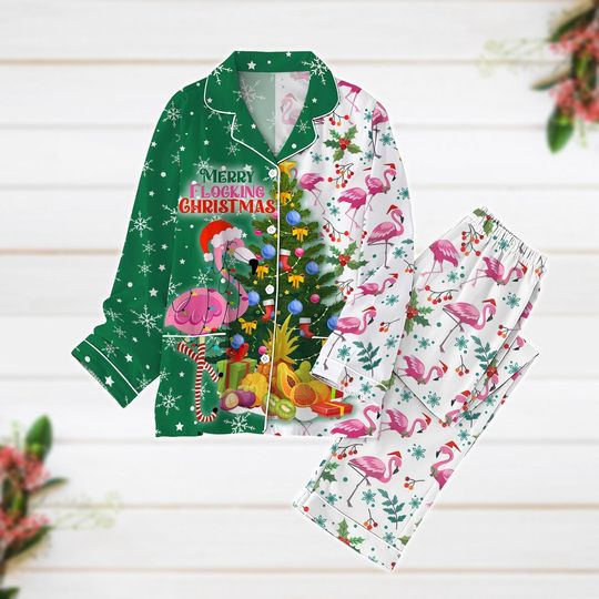 Christmas Pajamas, Flamingo Santa Pajamas, Merry Flocking Xmas Pajamas, Tropical Animal Holiday Pajamas, Winter Season Gift