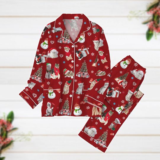 Christmas Pajamas, Cat Santa Pajamas Set, Meowy Xmas Pajamas, Pets Lover Pajamas, Cat Mom Women Pajamas, Xmas Party Gift