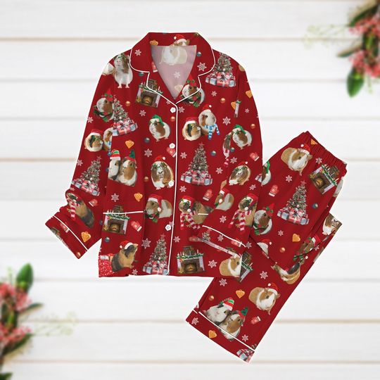Christmas Pajamas, Guinea Pig Pajamas Set, Hamster Santa Pajamas, Farm Animal Holiday Pajamas, Snowflake Pajamas, Pet Lover Gift