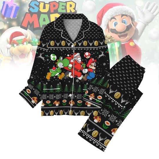 Mario Bros Christmas Pajamas Set, Mario Luigi Yoshi Santa Hat Xmas Pajamas, Super Mario Character Pj Set Pants, Funny Xmas Gamer Gift