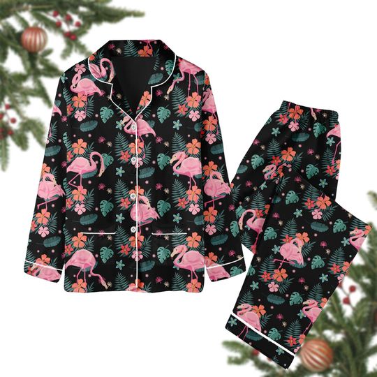 Flamingo Pajamas Set, Tropical Pink Flamingo Pj Set Pants, Funny Animal Lovers Pj Set, Tropical Nature Lover Matching Pajamas