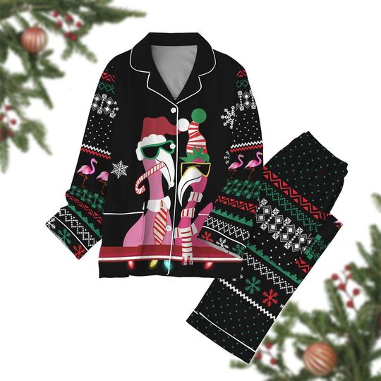 Christmas Flamingo Pajamas Set, Flamingo Lights Trees Santa Tshirt Pants, Funny Pink Flamingo Pj Set, Xmas Animal Holiday Pajamas