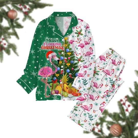 Christmas Flamingo Pajamas Set, Flamingo Lights Trees Santa Tshirt Pants, Funny Pink Flamingo Pj Set, Xmas Animal Holiday Pajamas