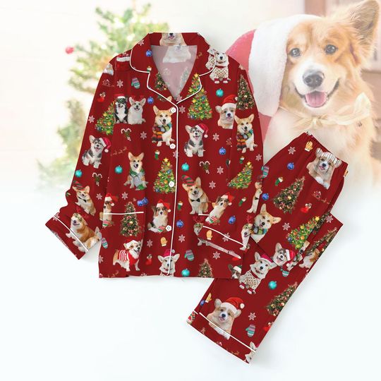 Corgi Dogs Christmas Pajamas Set, Xmas Dog Holiday Pajamas, Merry Corgmas Shirt Pants Set, Dog Mom Santa Hat Pj Set Pants