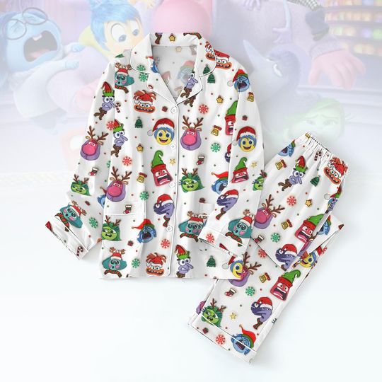 Inside Out 2 Christmas Pajamas Set, Anxiety Ennui Joy Fear Xmas Pj Set, Disney Character Santa Hat Pj Set Pants, Mental Health Holiday