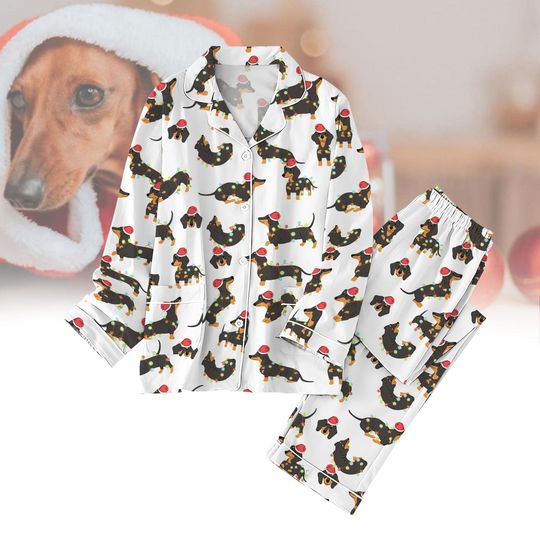 Dachshund Dogs Christmas Pajamas Set, Dachshund Lights Pj Set, Dogs  Santa Hat Xmas Pj Set Pants, Gift for Dog Lover, Matching Pajamas