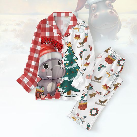 Boo Deng Christmas Pajamas Set, Cute Baby Hippo Pj Set, Moo Deng Santa Hat Pj Set Pants, Funny Animals Xmas Pajamas Family