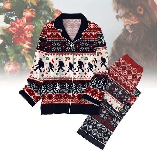 Bigfoot Christmas Pajamas Set, Bigfoot Carrying Xmas Pj Set Pants, Monster Sasquatch Pajamas Family, Bigfoot Lover Xmas Gift
