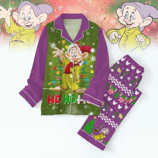Christmas Dopey Pajamas Set, Disney Cartoon Santa Hat Pj Set, Dopey Seven Dwarfs Holiday Pajamas, Funny Xmas Tree Light Thick Pajamas