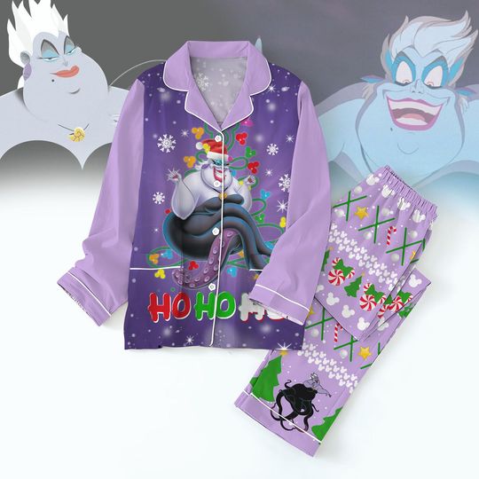 Ursula Christmas Thick Pajamas, Disney Ursula Xmas Lights Pj Set, The Little Mermaid Santa Ursula, Villains Wreath Santa Hat Family Paj