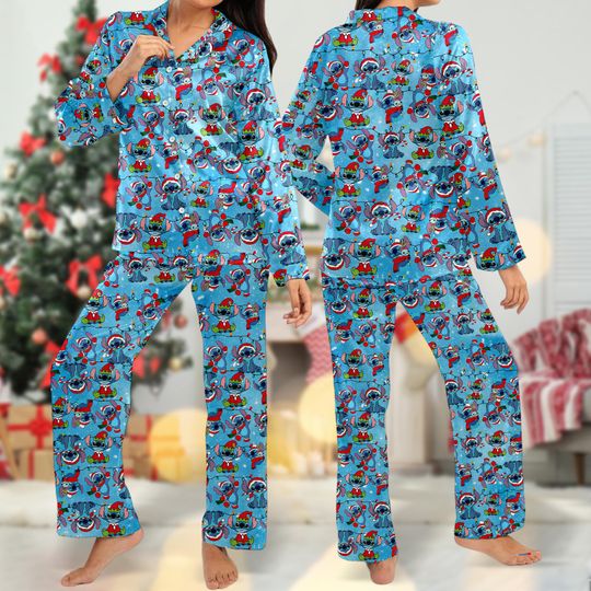 Stitch Christmas Light Pajamas, Merry Stitchmas Pajama Set, Lilo And Stitch Pyjamas, Stitch Santa Hat Xmas Party Shirt, Magic Kingdom Gift