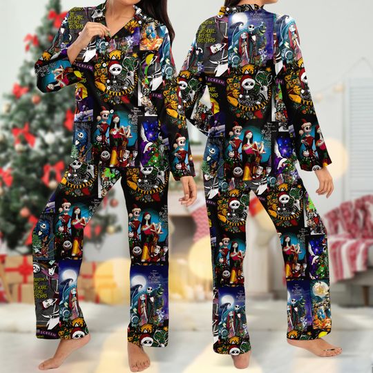 Nightmare Before Christmas Pajamas, Retro Jack Skellington Pajama Set, Jack and Sally Xmas Holiday Party Pyjamas, Horror Xmas Movie Shirt