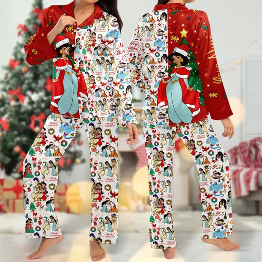 Custom Jasmine Aladdin Christmas Pajamas, Jasmine Princess Christmas Pajama Set Women, Princess Xmas Holiday Party Gift, Magic Kingdom Shirt