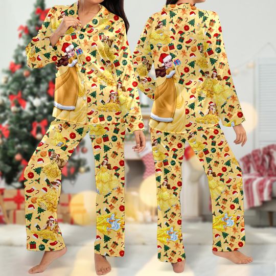 Belle Princess Christmas Pajamas, Beauty and the Beast Christmas Pajamas Set Gift Women For Holiday, Princess Xmas Party Shirt