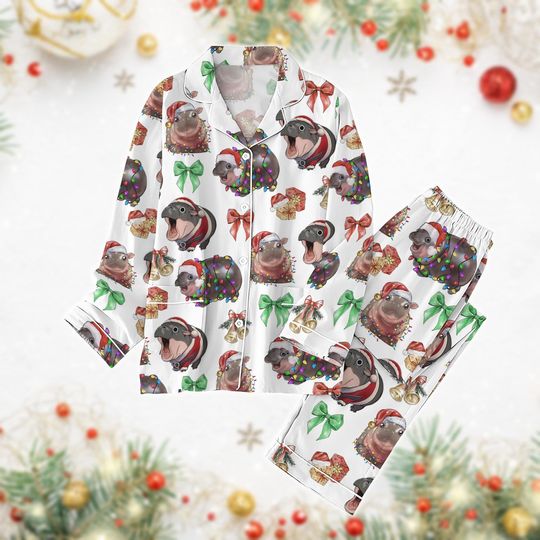 Moo Deng Christmas Pajamas Set, Cute Moo Deng Santa Hat Pj Set, Moo Deng Bouncy Pig Pj Set Pants, Funny Baby Pygmy Hippo Gifts