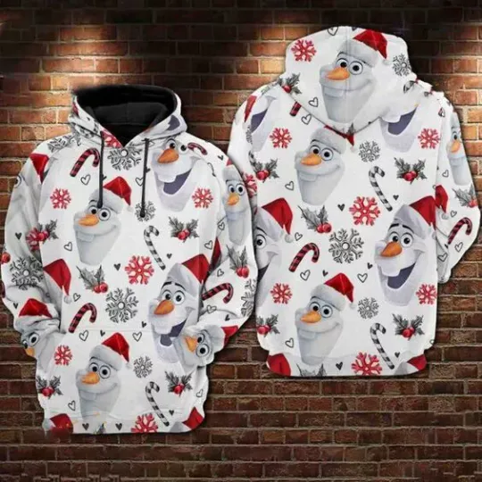 Enchanting Olaf Snowman Santa Hat Merry & Bright Christmas Hoodie 3D Printed