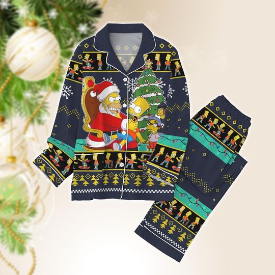 Simpson Christmas Pajamas Set, Hoho Homer Simpson Xmas Pajamas Pants, Family Simpsons Santa Hat Pj Pants, Cartoon Xmas Family Pjs