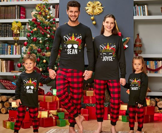 Personalized Plaid Unicorn Family Long Sleeve Shirt, Santa Unicorn Christmas Shirt, Unicorn Xmas Long Sleeve, Custom Xmas Family Shirt