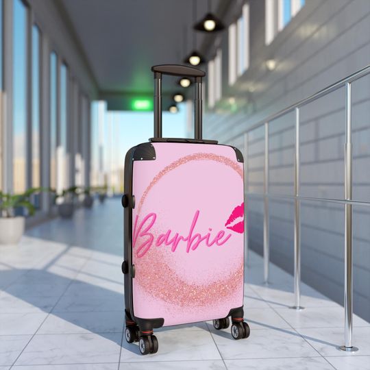 Trendy Barbie Glitter Travel Luggage with Kiss Design, Stylish Pink Luggage, Fashionable Rolling Case, Cute Travel Bag - Baby Pink