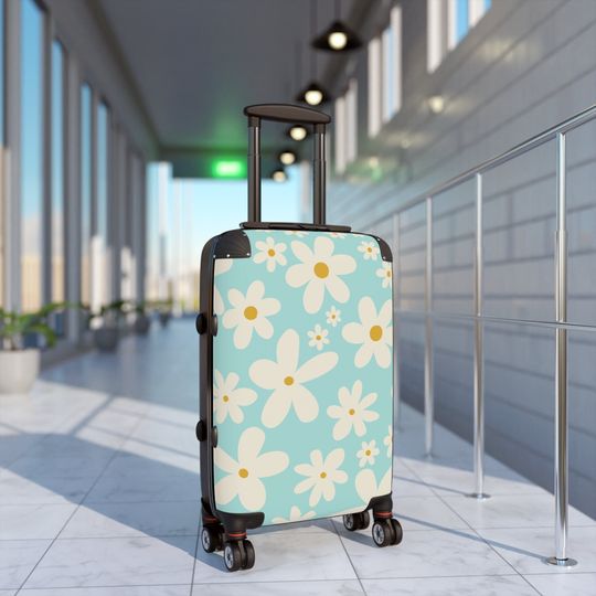 Cute Daisy Suitcase on Wheels Carry On Suitcase Trendy Aesthetic Luggage for Girls Women Teens Teenager Light Blue Green Daisy Suitcase