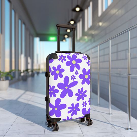 Cute Daisy Suitcase on Wheels Carry On Suitcase Trendy Aesthetic Purple Luggage for Girls Women Teens Teenager