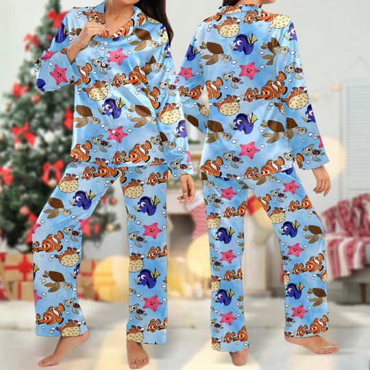 Finding Nemo Pajamas Set, Nemo Women Pajamas, Finding Dory Button Up Shirt, Cartoon Long Shirt, Magic Kingdom Trip Gift