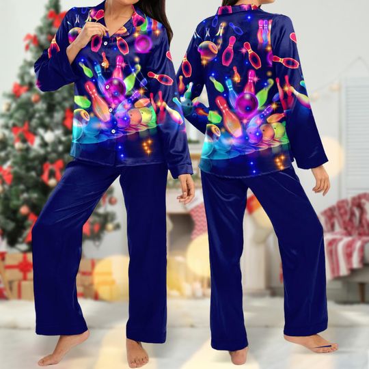 Bowling Neon Women Pajamas, Bowling Pajamas Set, Bowling Button Up Shirt, Bowling Shirt For Women, Summer Family Trip Tee