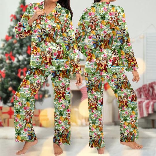 Tropical Chip'n Dale Pajamas, Chip and Dale Shirt, Animated Cartoon Women Pajamas Shirt, Squirrel Magic Kingdom Trip Gift For Women