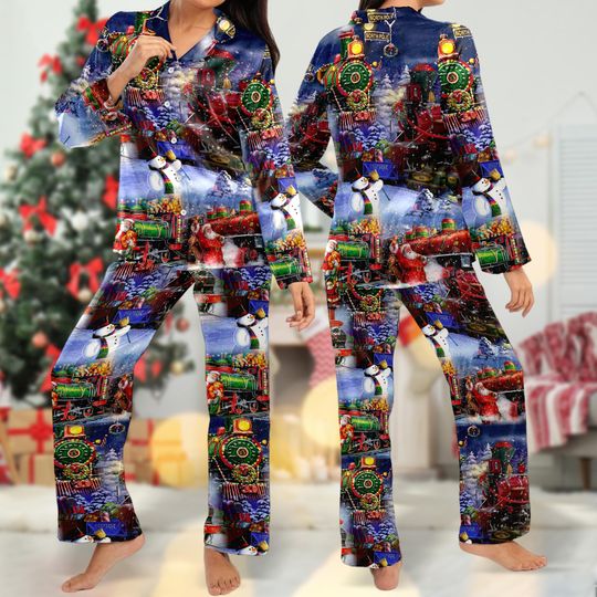 Train to Christmas Pajamas Set, Train Christmas Holiday Pajamas Women, Train Xmas Party Shirt, Santa Clause 3D All Over Print Shirt