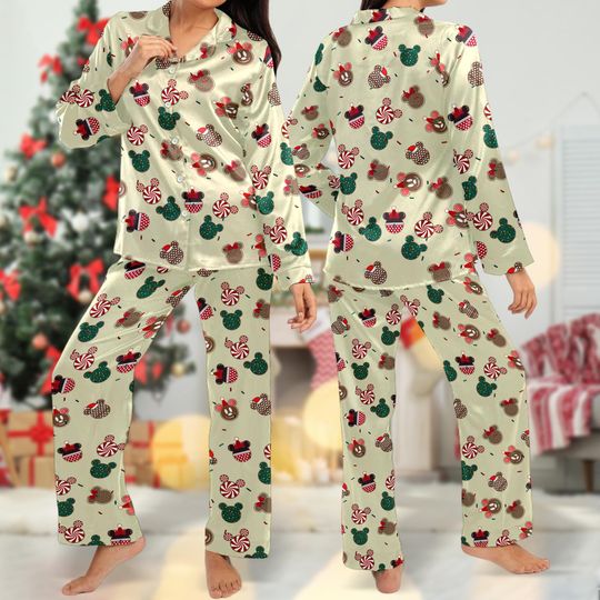 Mickey Mouse Christmas Pajamas Set, Mickey Xmas Button Up Shirt, Mickey Pajamas Gift For Women, Magic Kingdom 3D All Over Print Shirt