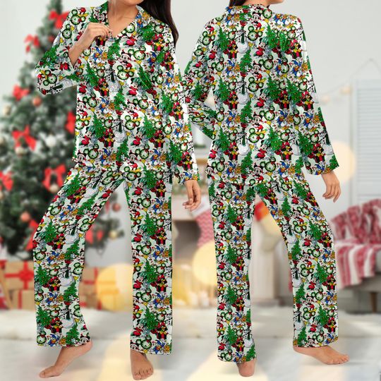 Mickey & Friends Christmas Pajamas Set, Mickey Mouse Button Up Shirt, Minnie Mouse Christmas Pajamas Women, Mickey Xmas Party Tee