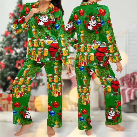 Christmas Santa Drinking Beer Pajamas Set, Santa Claus Button Up Shirt, Santa Claus Women Pajamas, Santa Xmas Party All Over Print Shirt