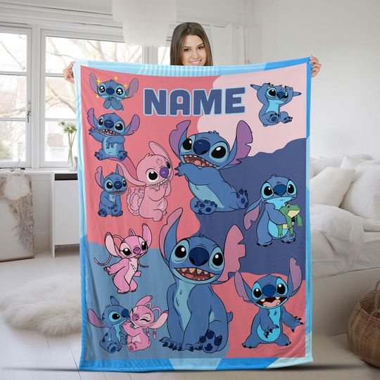 Custom Name Stitch Angel Blanket, Custom Disney Blanket, Stitch Blanket, Disney Trip Blanket, Ohana Means Family, Stitch Birthday