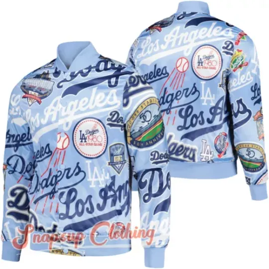 LA Dodgers Allover Print Blue World Series Champions 2024 Satin Varsity Jacket