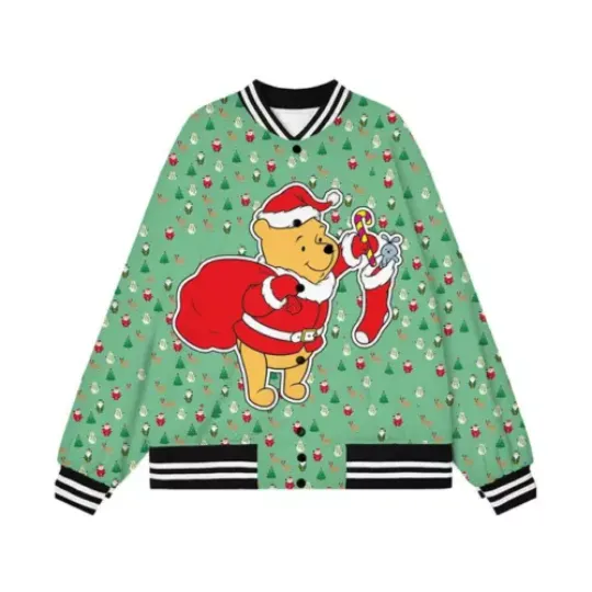 Pooh Bear Santa Claus Giving Gift Winnie The Pooh Christmas 2024 Baseball Jacket