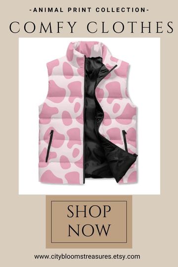 Animal Print Puffer Vest Womens Puffer Jacket Pink Lightweight Cow Pattern Stand Collar Zip Up Puffer Vest Outwear Vintage Puffy Jacket