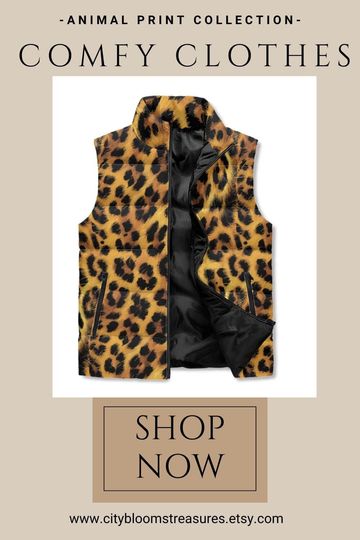 Animal Print Womens Puffer Jacket Lightweight Leopard Pattern Stand Collar Zip Up Puffer Vest Outwear Vintage Ladies Outwear Puffy Vest