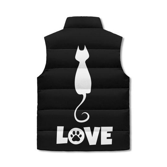 Cat Lover Black Unisex Lightweight All Over Printing Stand Collar Zip Up Puffer Vest Winter Puffed Vest For Cat Lovers Gifts