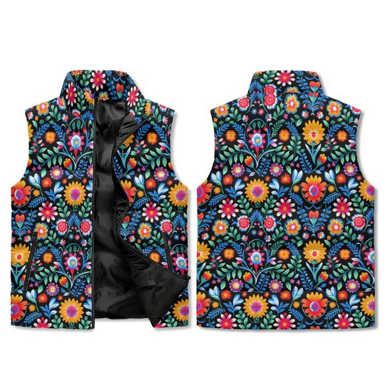 Cottagecore Floral Unisex Lightweight All Over Printing Stand Collar Zip Up Puffer Vest Gift for Her, Gardeners or Floral Lovers