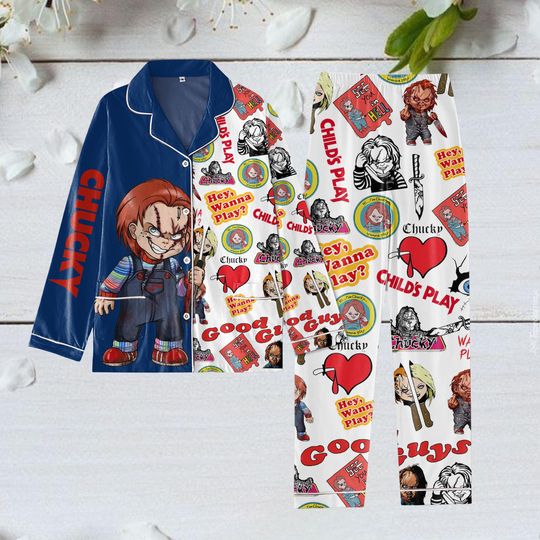Chucky Doll Pajamas Set, Bride Of Chucky Pajamas, Chucky Doll Xmas Pajamas, Horror Movie Christmas Pajamas, Horror Character Gift