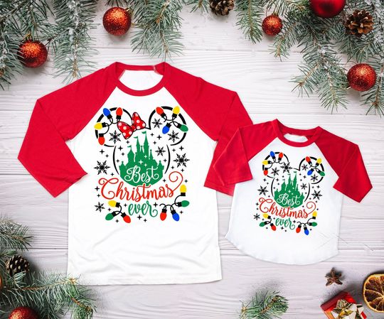 Disney Best Christmas, Disney Family Raglans, White and red Shirts, Christmas  Disney  Trip shirts, Christmas Raglan, Disney Raglan
