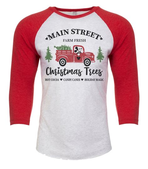 Disney Christmas Mickey Main Street Christmas Trees Truck | Distressed and Vintage style Raglan 3/4 sleeve baseball t-shirt