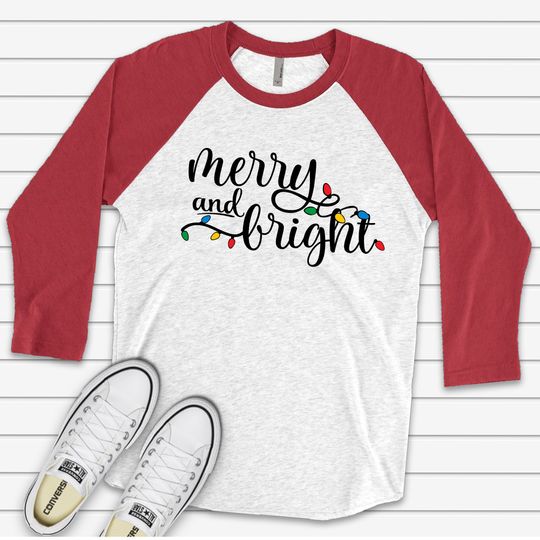 Christmas Raglan, Beautiful Christmas Lights Merry and Bright Raglan 3/4 sleeve shirt,