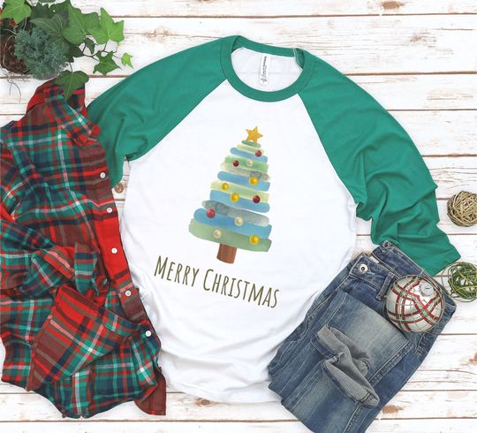 Christmas Tree 3/4 Sleeve Baseball Raglan Tee, Cute Christmas Shirt With Baseball Sleeves, Women Minimalist Christmas Shirt, Holiday Shirt